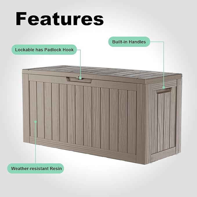 87 Gallon Deck Box Large Outdoor Storage for Patio Furniture,Outdoor Cushions,Garden Tools and Pool Supplies,Waterproof,Resin,Lockable(Grey)
