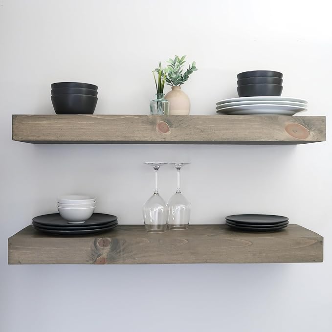 Modern Floating Shelves 3 Inches Thick for Wall, Wide Shelves for Kitchen, Living Room, Bedroom, and Bathroom, Natural Pine Wood, Rustic Wooden Shelf, (Set of 2) (Aged Barrel, 48Lx3Hx6D)