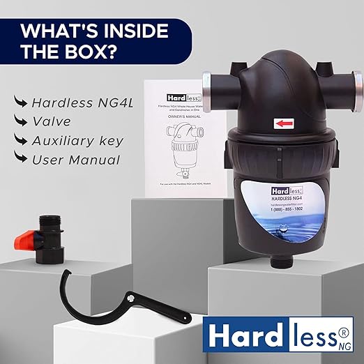 Hardless NG4 Whole House Water Filter - Salt-Free Softening Device - Reduces Limescale, Sediment & More - Compact, Easy to Install - Comes w/ 1" Inlet/Outlet- Filtration System for Extra Hard Water