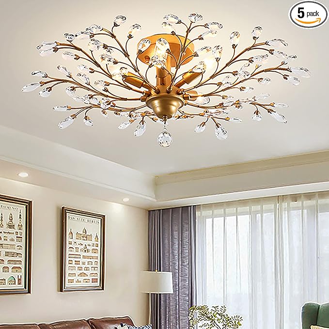 Ganeed Crystal Chandeliers,Vintage K9 Clear LED Ceiling Lighting,Edison Pendant Light Flush Mounted Fixture with 5 Light for Living Room Dinning Room Restaurant Porch Hallway (Gold)