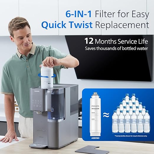 Reverse Osmosis Water Filter Countertop, Philips 40°F Cold Water Countertop RO System 6 Stage Filtration with UV Light, Instant Boiling Water 6 Temperature Settings NSF/ANSI 372 Certified, TDS Monitor