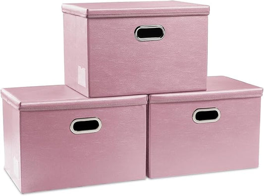 PRANDOM Large Stackable Storage Bins with Lids [3-Pack] Leather Fabric Foldable Storage Boxes Organizer Containers Baskets Cube with Cover for Bedroom Closet Office Nursery Pink (17.7x11.8x11.8)