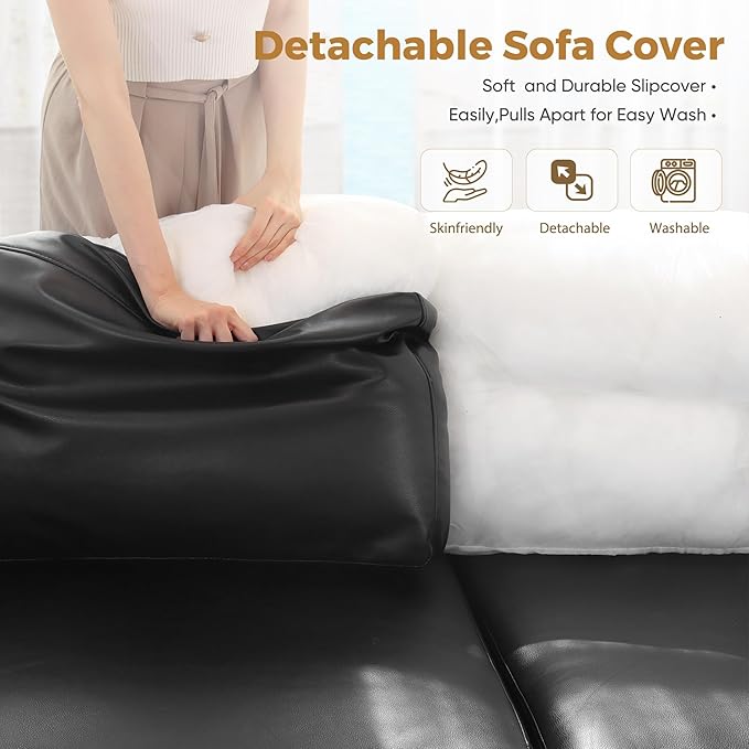 ABCASA 118.5" Faux Leather Modular Sectional Convertible Sofa, L Shaped Couch Set for Living Room, Large 8-Seater Comfy Cloud Couches with Movable Storage Ottoman DIY Combination - Black