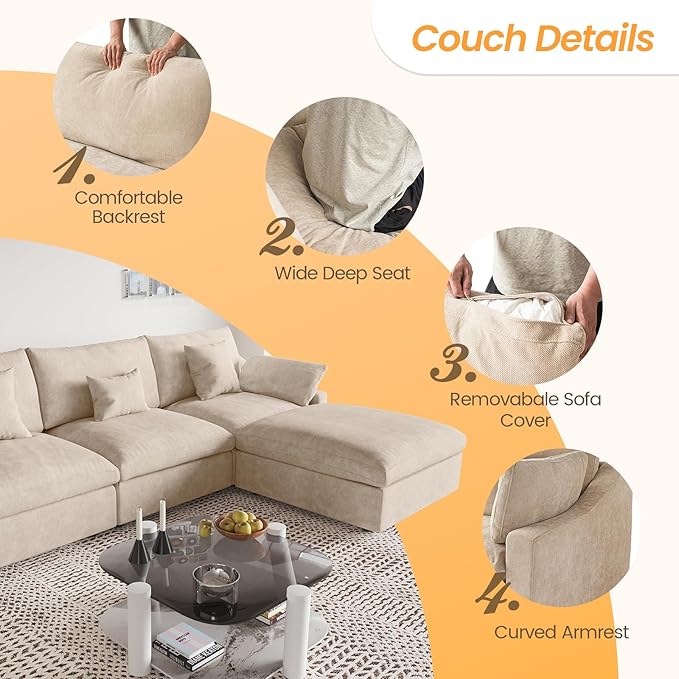 JACH U-Shaped Sectional Couches for Living Room, Cloud Sectional Couch with Deep Seat, 155.9" Modular Sofa with Chaise, Covers Removeable & Washable, Sofas Furniture for Living Room, Khaki
