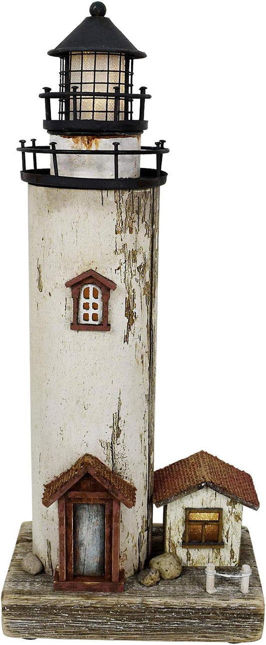 Linfevisi Wood Lighthouse Decor Rustic LED Light House Decor Wooden Decorative Nautical Lighthouse Statue Coastal Beach Themed Lighthouse Handcrafted Tabletop Decoration Home Bathroom (12")