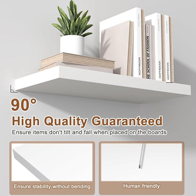 12 Inch Deep Floating Shelves for Wall 3 Pack White Floating Shelves Large Storage Space Wall Mount Shelf for Living Room Kitchen Bathroom 24" W x 12" D x 1.2" H White