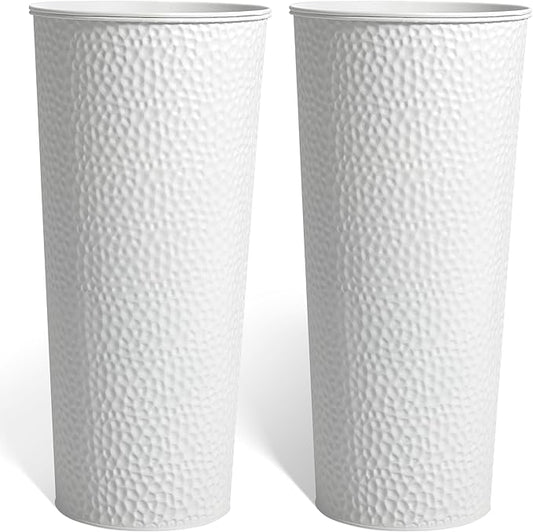 KOL 28" H. Tall Metal Cone Planters with Inner Pots 2-Pack, White Hand-Hammered Large Decor Planter for Deck, Patio, Porch - Handcrafted Flower Pot - with Water Level Indicator - Indoor Outdoor Use
