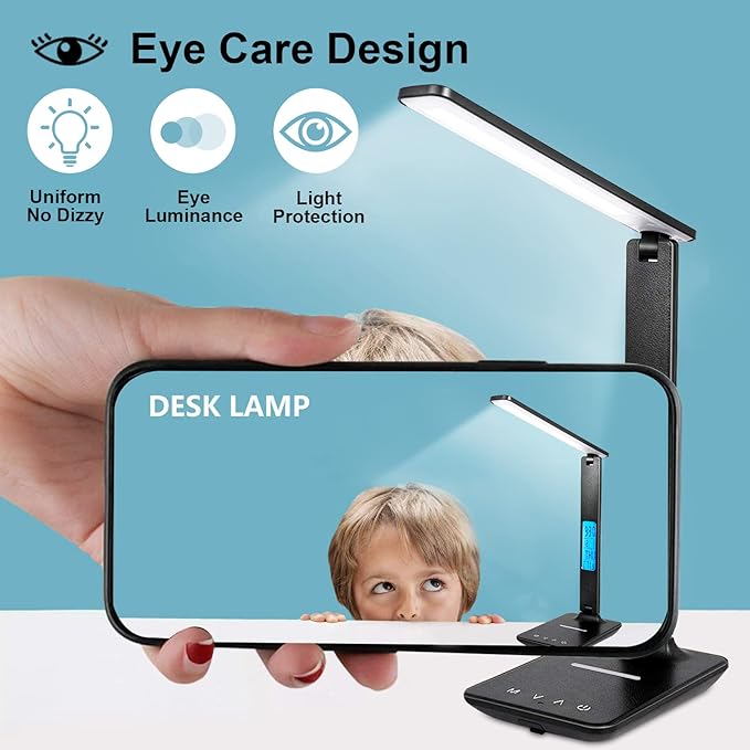 LAOPAO Desk Lamp with Wireless Charger: USB Charging Port, Table Lamp with Clock, Desk Lamps for Home Office College Dorm Room Essentials