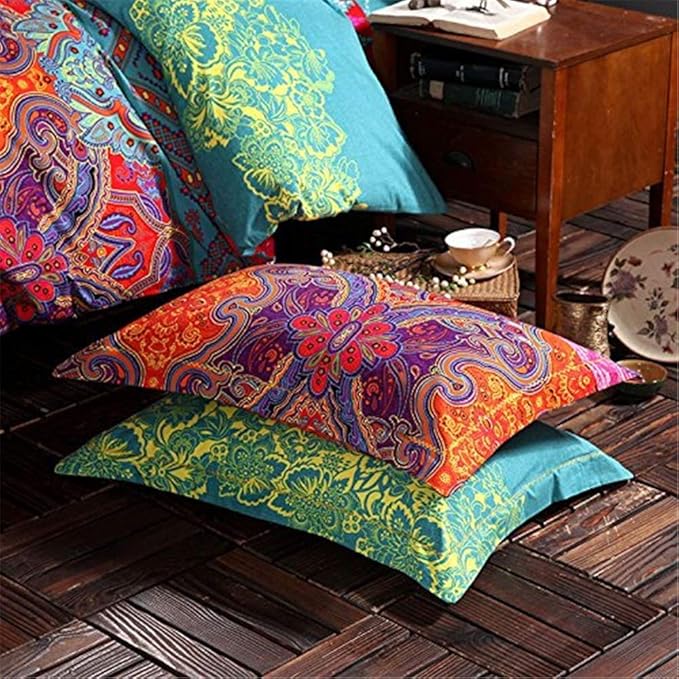 ABREEZE 3Pcs Bohemia Retro Bedding Ethnic Vintage Floral Duvet Cover Boho Bedding 100% Brushed Cotton Bedding Sets Damask Paisley Coloful Mandala Down Comforter Cover,Twin