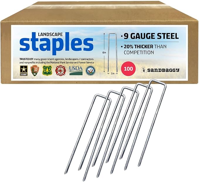 Sandbaggy 6 inch Landscape Sod Staples (9 Gauge Steel) ~ Great for Hard Soil - 20% Thicker Than Competition - Trusted by Farmers & Contractors Across USA (100 Staples)