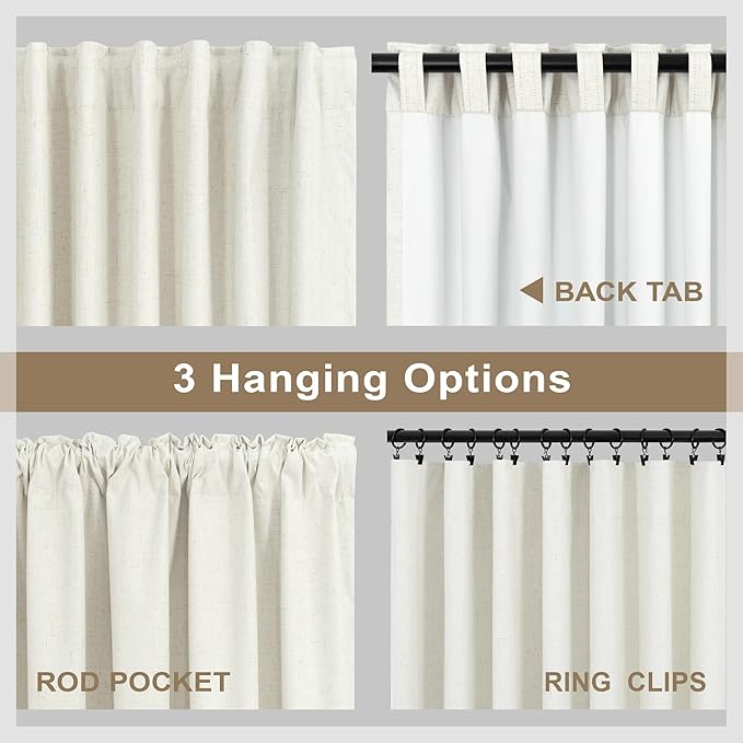 Natural Linen Blackout Curtains 84 Inch Length 2 Panels for Bedroom Living Room Darkening 100% Black Out Ivory Cream Curtain with White Back Tab Modern Farmhouse Thermal Insulated Boho Drapes 7ft Long
