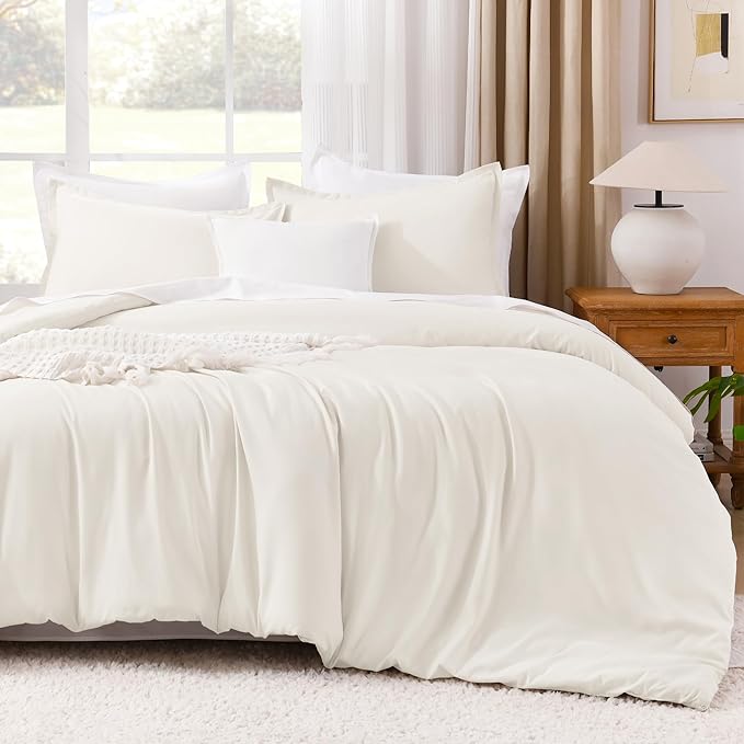 Litanika Comforters Ivory Oversized King Size, 3 Pieces Lightweight Solid Bedding Comforter Set, All Season Fluffy Bed Set (120x98In Comforter & 2 Pillowcases)