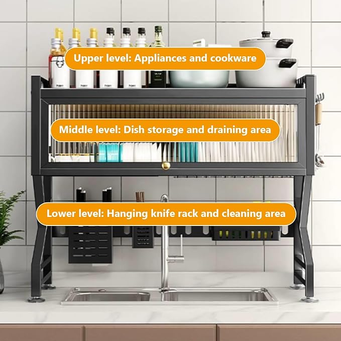 Kitchen sink rack dishwashing sink countertop dustproof cupboard storage multifunctional tableware storage drain rack double layer,KeepKitchen Sink Shlef Organized Space-Saving(White,105cm/41.3in)
