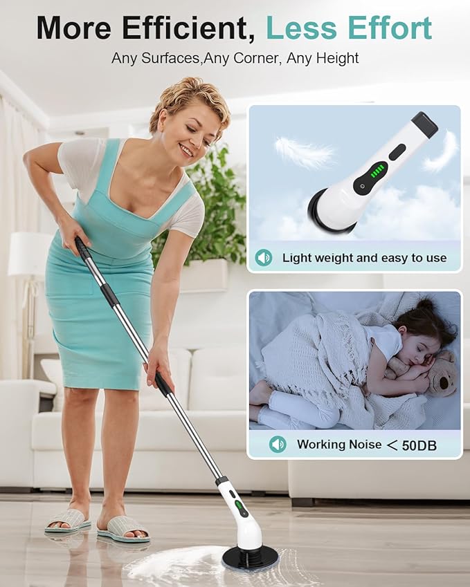 Electric Spin Scrubber, Cordless Shower Scrubber Rotary Floor Brushes & Pad Drivers with 9 Brush Heads - 2H Dual Speed, IPX7 Waterproof Extension Handle for Bathroom Tile Car Cleaning, Whtie-Q