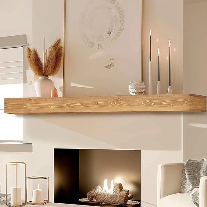 60x8x3 Fireplace Mantel - Handcrafted Hollow Rustic Solid Wood Wall Mounted Floating Shelf with Invisible Heavy Duty Wood Bracket (Natural Wood)