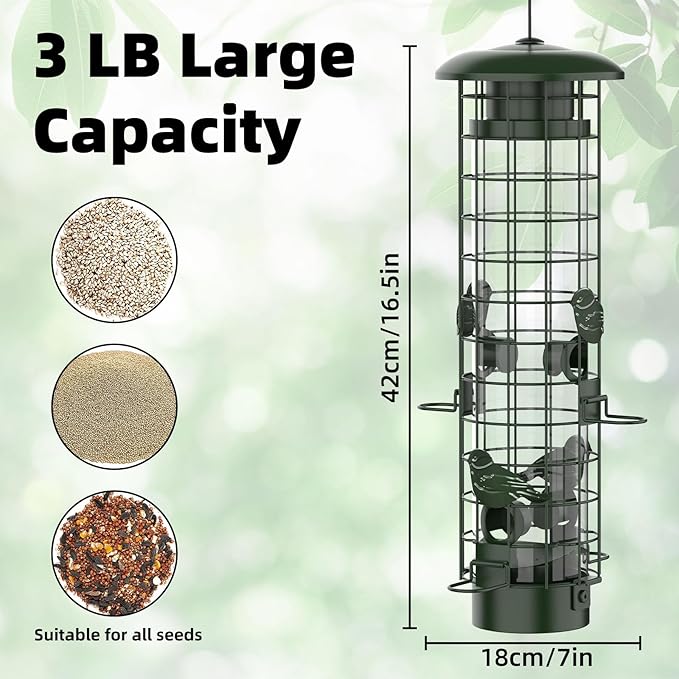 Squirrel Proof Bird Feeder,Metal Mesh Bird Feeders for Outdoors Hanging,Gravity Protection Squirrel Proof Wild Bird Feeders with Finch Cardinal Chickadee,3LB Large Capacity,Green
