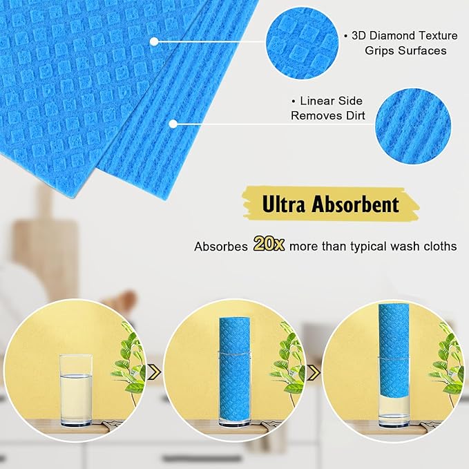 Swedish Dishcloths - 10 Pack Reusable Kitchen Dishcloths - Ultra Absorbent Dish Towels for Washing Dishes - Cellulose Sponge Cloth Cleaning Cloths - Blue