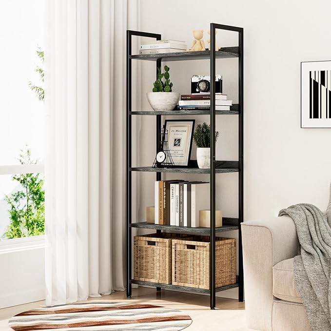 NUMENN Bookshelf, 5 Tier Bookshelves, Home Office Bookcase Shelf Storage Organizer, Free Standing Storage Shelving Unit for Bedroom, Living Room and Home Office, Dark Grey