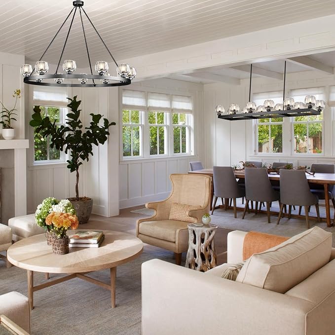 Black Wagon Wheel Chandelier, 48 Inch Black Chandeliers with Unique Glass Shade, 12-Light Crystal Large Wagon Wheel Chandeliers for Dining Room, High Ceiling Round Chandelier for Living Room, Foyer