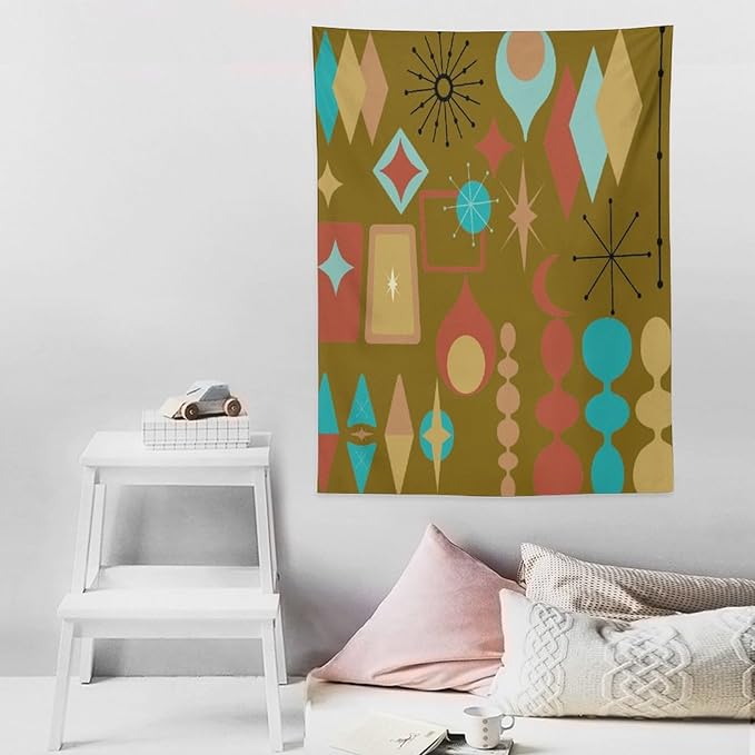 ICMOLYYENLO Boho Medieval Cat Tapestry, Abstract Atomic Starburst Geometric Aesthetic Art Wall Hanging For Bedroom Living Room Dormitory 60x60 Inches