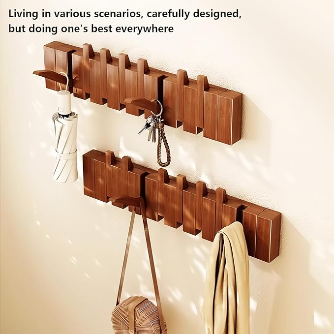 Wall Mounted Piano Key Hanger | Flip Style Hook | Entrance Wall Art Hook, Made of Oak Wood (3 Times Painted, 4 Times Polished) (Walnut, 8Hooks)