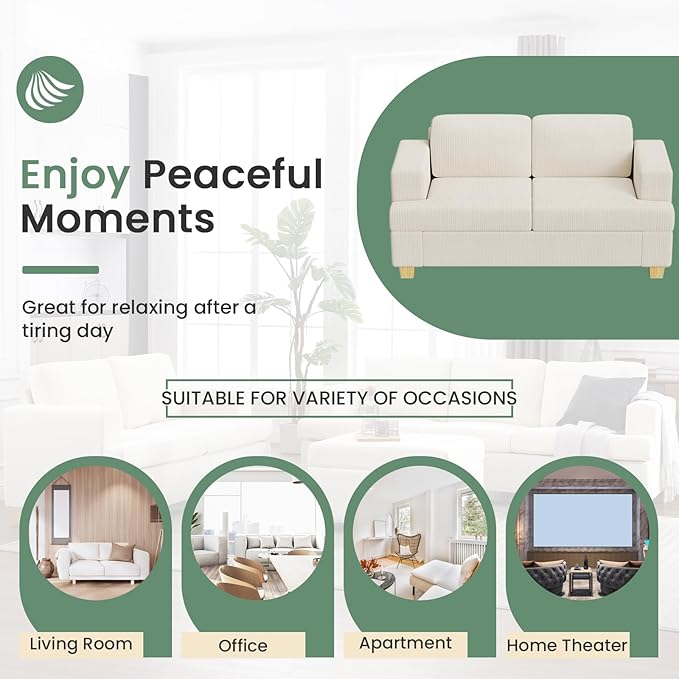 3 Pieces Corduroy Couch Set for Living Room, 3 Seater & Loveset*2 Cloud Sofa, Deep Seat Floor Couch for Bedroom, Futon Modern Sofa Bed, White Corduroy