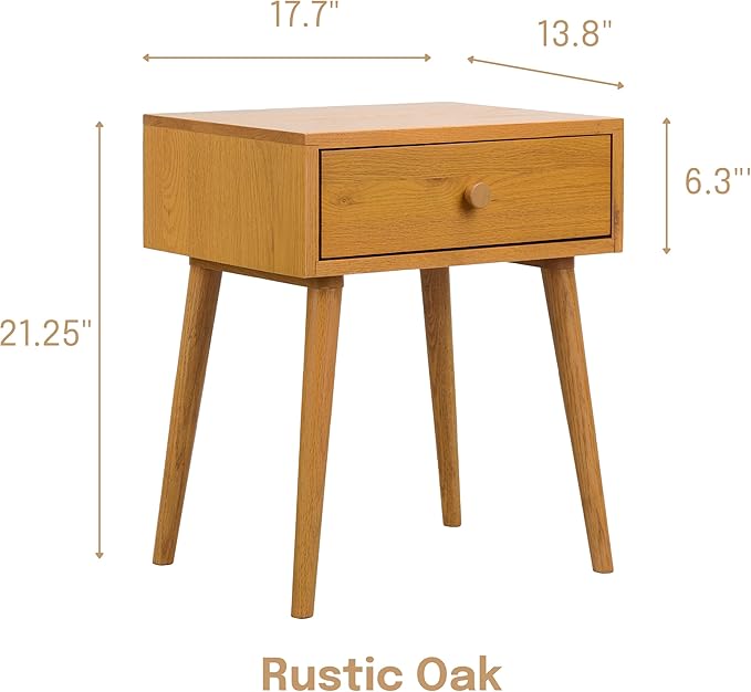 NTC Solid Oak Lux Nightstand with Drawer, Mid Century Modern Side Table Bedroom, Bedside Furniture, Night Stand, End Table, Easy Assembly - Rustic Oak