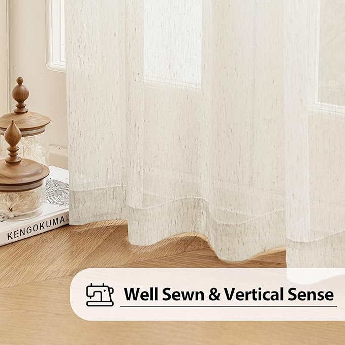 FMFUNCTEX Linen Sheer Curtains for Bedroom, Beige Curtains 96 Inches Long Semi Sheer Draperies for Living Room, Natural Cream White Light Filtering Farmhouse Curtain, Grommet Top 2 Panels