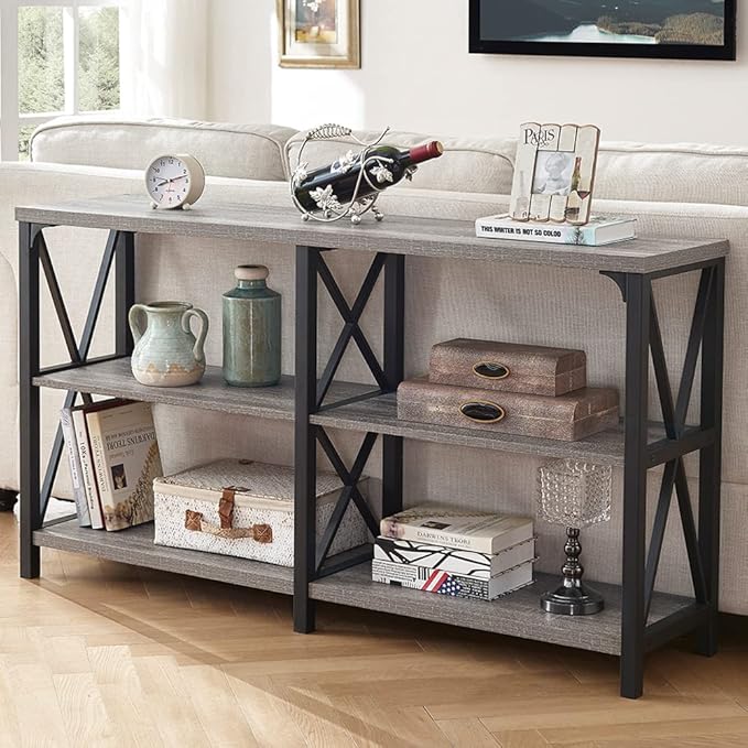 LVB Rustic Sofa Table, Farmhouse Console Table for Living Room, Hallway entryway Table with Storage, Entry Table for Foyer, Light Grey Oak, 55 Inch