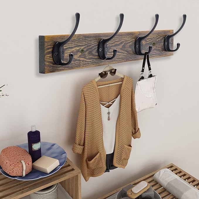 IBosins Wall Mounted Coat Rack, 2 Pack Metal Wood Coat Rack with 8 Black Rustic Hooks for Scarf, Bag, Towel, Key, Cap, Cup, Hat
