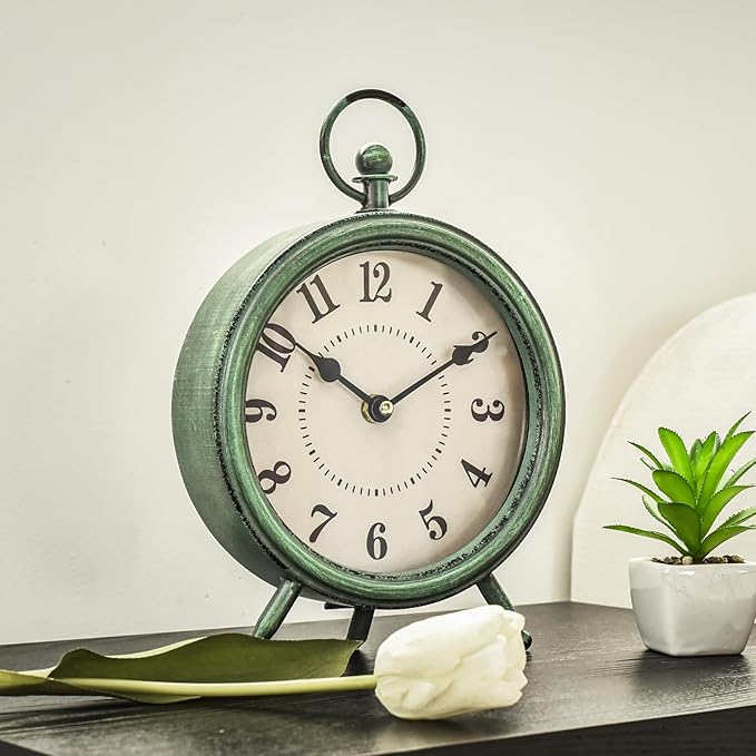 Vintage Rustic Green Table Clock on Stand, Decorative Desk and Shelf Clock，Decorative Battery Operated Table Top Clock for Living Room，Silent Non-Ticking