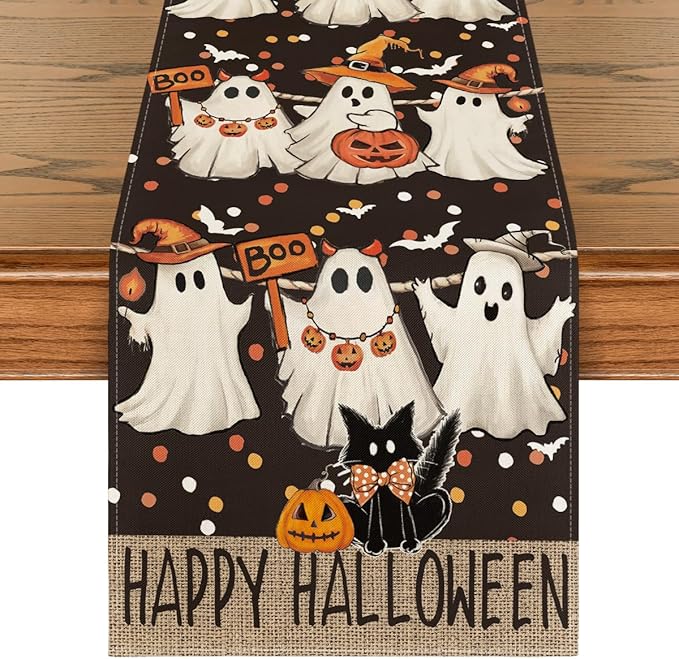 Artoid Mode Ghost Jack-O'-Lantern Black Cat Halloween Table Runner,Holiday Kitchen Dining Table Decoration for Home Party Decor 13 x 108 Inch