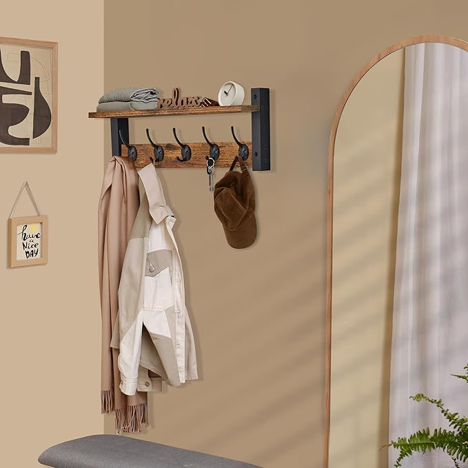 Sorbus Coat Hooks Wall Mount with Shelf – 24 Inch Coat Rack Wall Mount with 5 Heavy Duty Hooks – Floating Wall Shelf with Hooks for Entryway, Bathroom, Bedroom, Kitchen, or Mudroom (Rustic Brown)