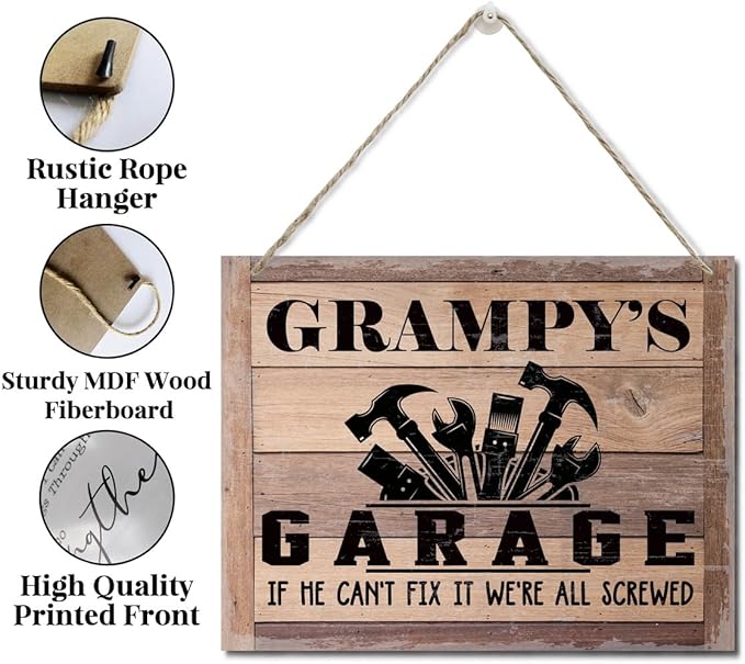 Rustic Sign, Father's Day Gift, Dad's Gift, Grandpa's Gift, Decor Hanging Wood Signs, Printed Wood Wall Art Sign, Grampy's Garage, If He Can't Fix It We're All Screwed, Vintage Sign Gift for Grandpa