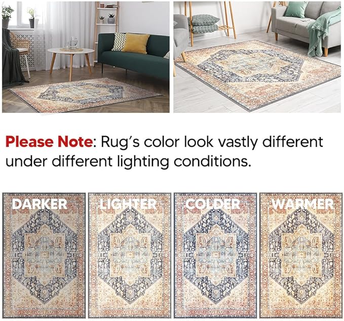 Keen Home Design 5x7 Rug - Machine Washable Area Rug with Non-Slip Backing, Ideal for Living Room, Dining Room, Bedroom - Vintage, Easy Clean, Durable, Low Pile Rug - (5' x 7')