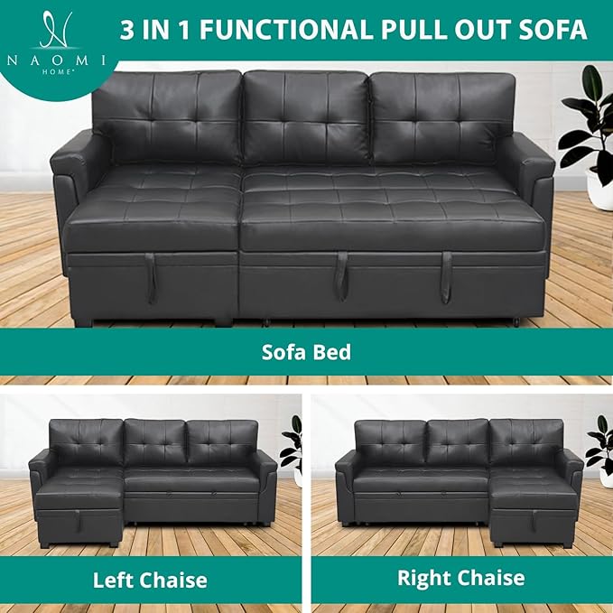 Naomi Home Modern Sectional Sofa with Storage Chaise Black/Air Leather