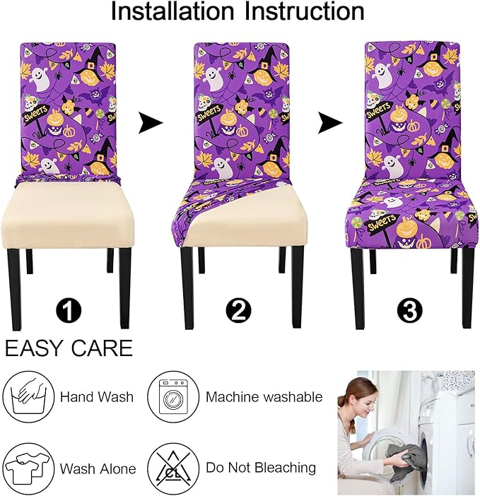 JQinHome Purple Halloween Chair Slipcover, Spider Web Chair Covers Set of 4, High Stretch Washable Chair Protector Cover for Dining Room, Kitchen,Home Party,Wedding Ceremony(Purple Candy,4PC)