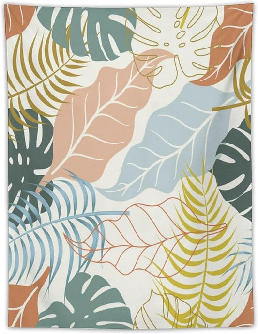 ICMOLYYENLO Boho Green Leaves Tapestry, Mid Century Abstract Tropical Palm Leaves Modern Minimalist Geometric Wall Hanging, Neutral Home Decor Art for Living Room Bedroom Dorm 50x60 Inch
