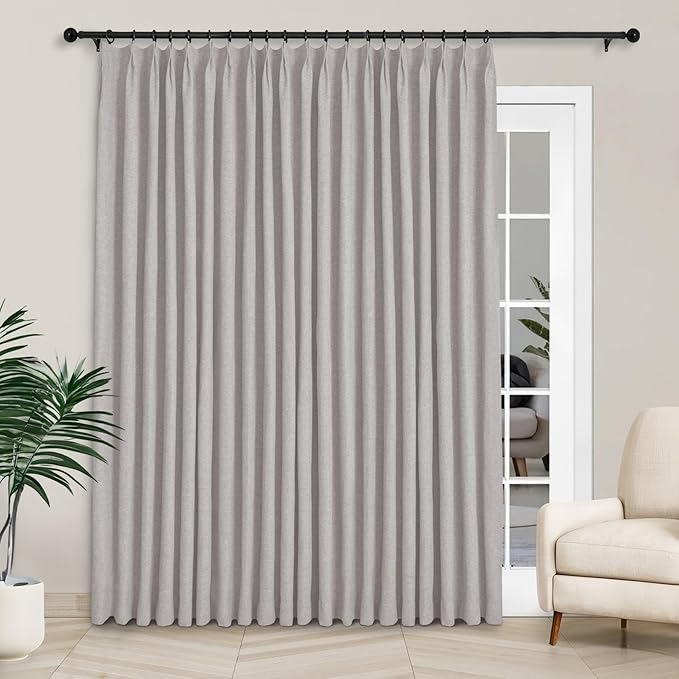 Macochico 120”Wx102”L 100% Blackout Linen Curtains Pinch Pleated Thermal Panels for Sliding Door Bedroom Living Room Farmhouse Shabby Chic Browish Grey Burlap Curtains with Tieback 1 Panel