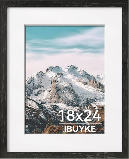 IBUYKE 18x24 Picture Frame,Solid Oak Wood 18x24 Photo Frame with Mat to 16x20,18x24 Picture Frames With Tempered Glass,Wall Mount Display,Home Decor,Black Oak 24 x 18 Frame,UWPF1824B
