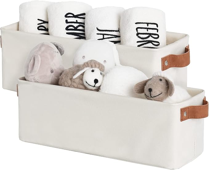 StorageWorks Narrow Storage Bins, Small Basket for Closet and Shelves, Fabric Organizer with Handles, Toilet Paper Storage, Beige, 2-Pack