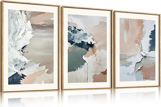 HPNIUB Large Modern Abstract Framed Canvas Wall Art Set, Minimalist Splash ink Blue Pink Pastel Watercolor Wall Decor,Illustration Neutral Art Painting for Living Room,Bedroom,Dining Room,Office -16"x24"x3