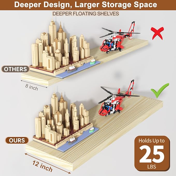 12 Inch Deep Floating Shelves for Wall 3 Pack Floating Shelves Large Storage Space Wall Mount Shelf for Living Room Kitchen Bathroom 36" W x 12" D x 1.2" H Oak