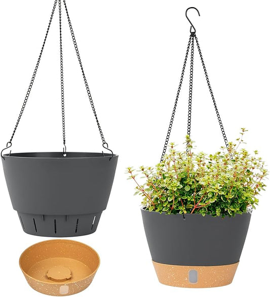 QCQHDU 2 Pack Hanging Planters for Indoor Outdoor Plants, 8 Inch Hanging Baskets Flower Pots with Reservoir Tray & Visible Water-Level