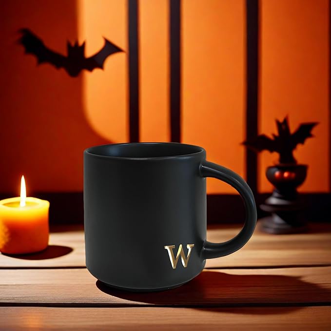 COLLECTIVE HOME - Black Monogram Ceramic Mugs, 15 oz Golden Initial Coffee Cups, Elegant Alphabet Tea Mugs, Personalized Halloween Mug with Gift Box, Perfect for Office and Home Décor (w)