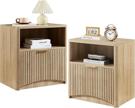 Fluted Nightstand Set of 2, Natural Oak Bedside Table with Drawer and Storage, Wood End Table Mid Century Modern, Large Night Stand for Bedroom