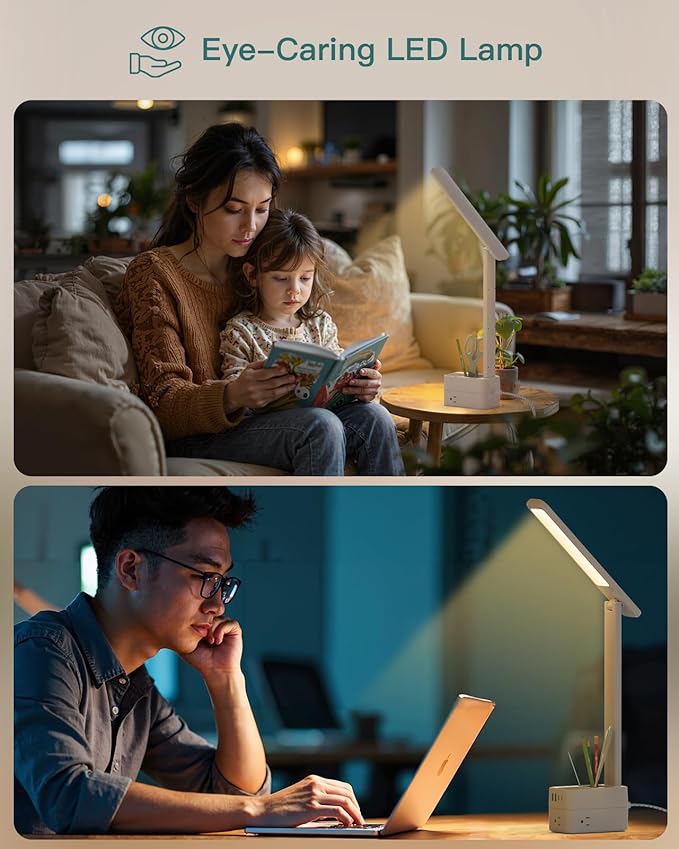 Addtam LED Desk Lamp with Pen Holder, Study Lamps with 3 Outlets 4 USB Charging Ports(2 USBC), 3 Color Modes Desk Light Touch Lamp, Small Desk Lamps for Home Office College Dorm Room Essentials