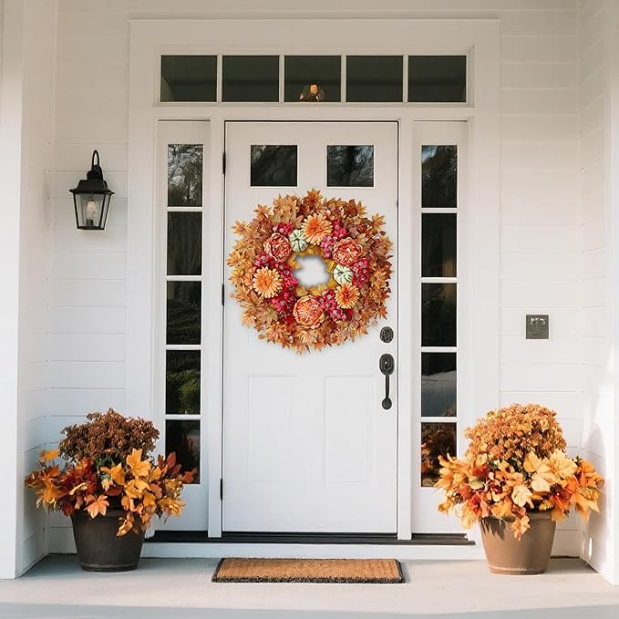 26" Fall Wreath for Front Door - Large Artificial Maple Leaves Fake Silk Peony Faux Pumpkin Outdoor Wreath for Porch, Window,Farmhouse,Home,Thanksgiving Day Harvest Festival Autumn Decor