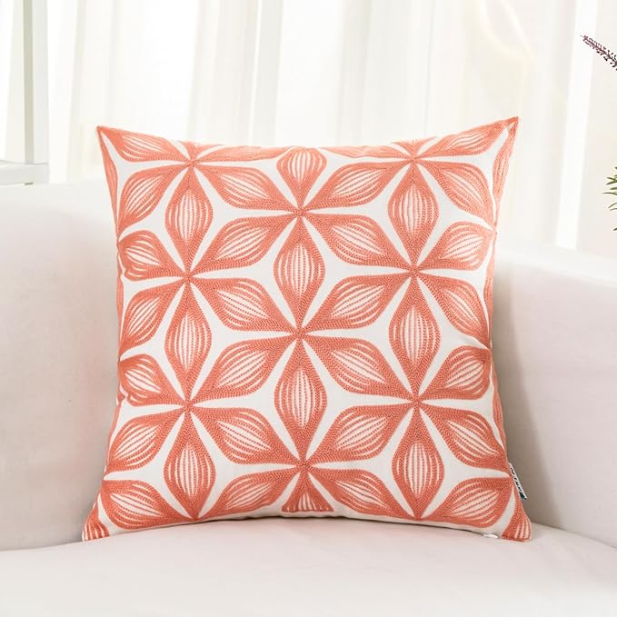 HWY 50 Coral Pink Decorative Throw Pillow Covers 18x18 Inch (1 Piece), Embroidered Cotton Farmhouse Cushion Cover Pillow Case for Sofa Couch Living Room Bed, Fashion Geometric