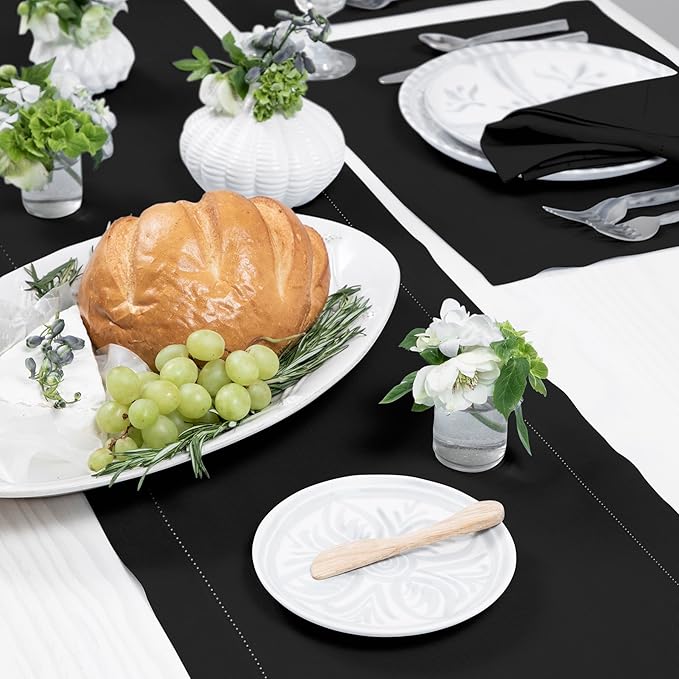 Solino Home Linen Black Table Runner 72 Inches Long - 100% Pure Linen Hemstitch Table Runner 14 x 72 Inch for Dresser, Dining, Fall, Autumn, Halloween, Thanksgiving - Classic Hemstitch